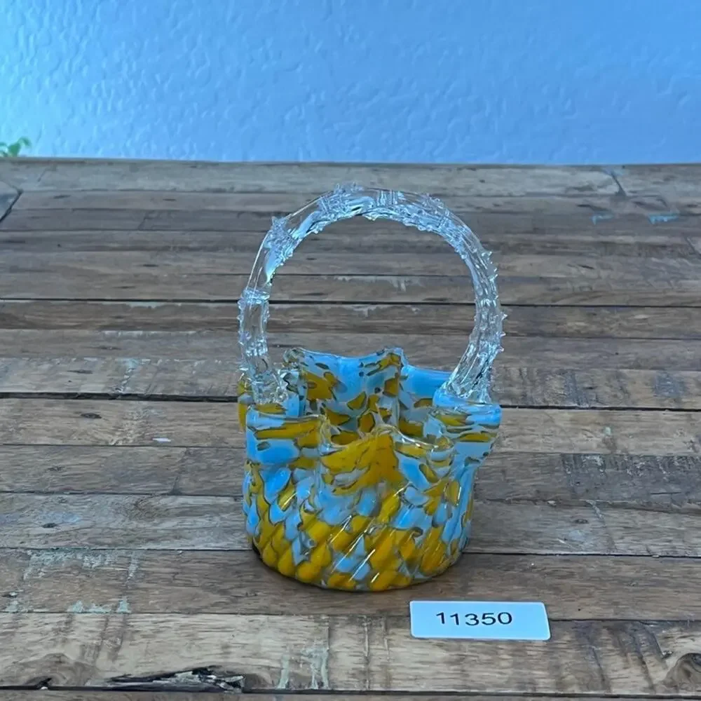 Czech Spatter Glass Ruffled Basket with Thorn Tree Branch Handle